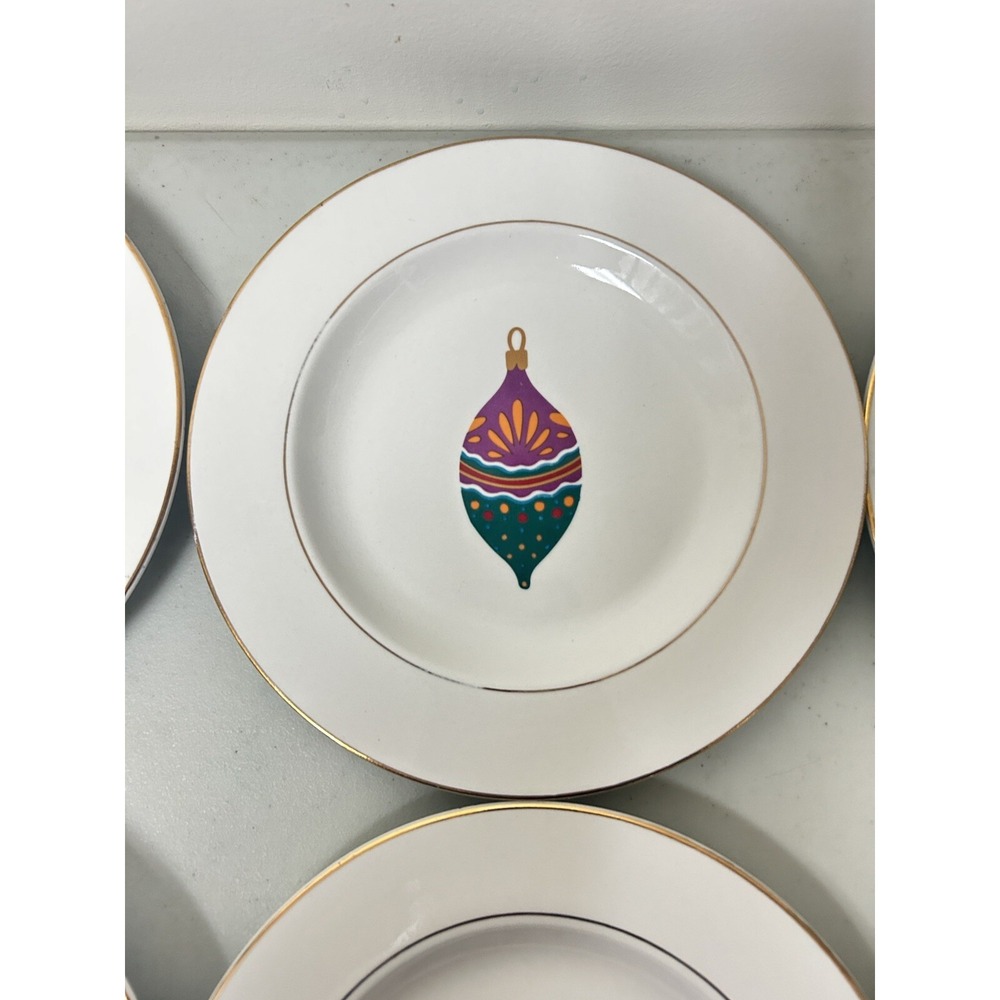 Vintage Gibson Set of 6 Christmas Ornaments Dessert Salad Plate 9" Gold Rim DECO - Picture 4 of 9